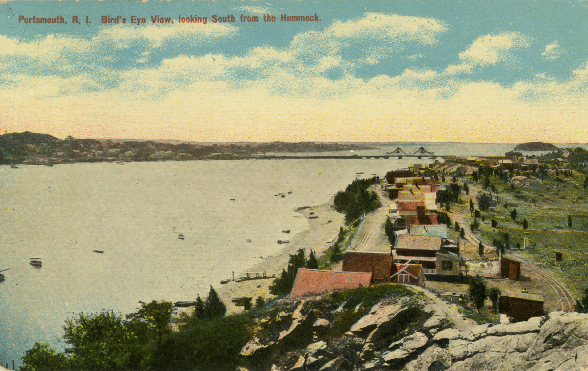 This colorized postcard from Jim Garman’s collection, dated from about 1914, shows the Hummocks with the Stone Bridge and Gould Island further to the south.