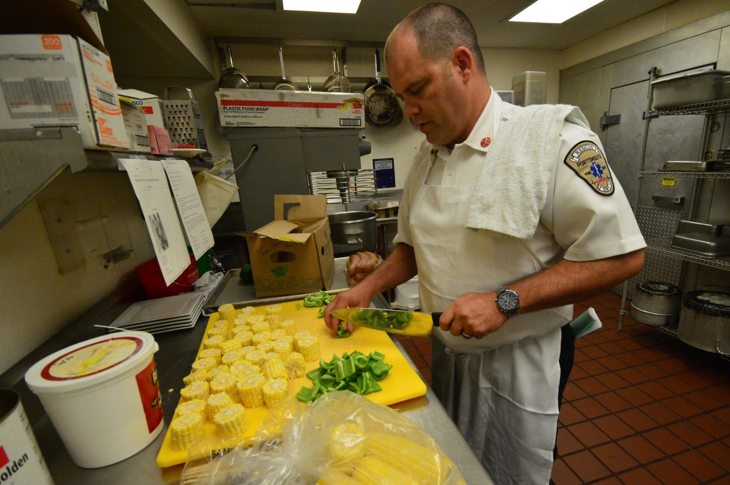 Fire Chief Michael Cranson prepared a mustardy grilled corn and sausage kabob.