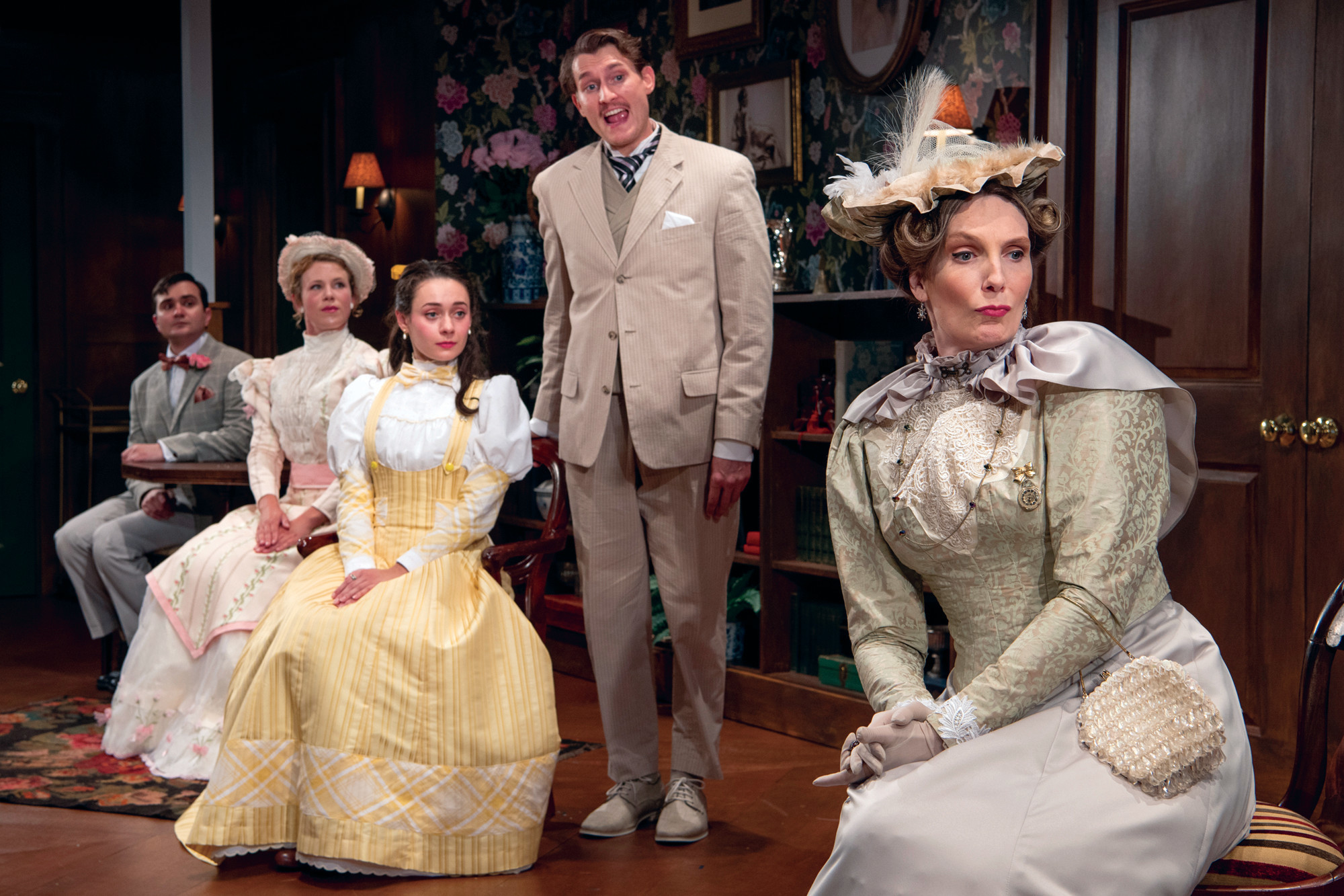Marc Dante Mancini (Algernon Moncrieff), Nora Eschenheimer (Gwendolen Fairfax), Alison Russo (Cecily Cardew), Jeff Church (John Worthing, J.P.) and Deb Martin (Lady Bracknell) in Gamm’s “The Importance of Being Earnest,  Trivial Play For Serious People.”