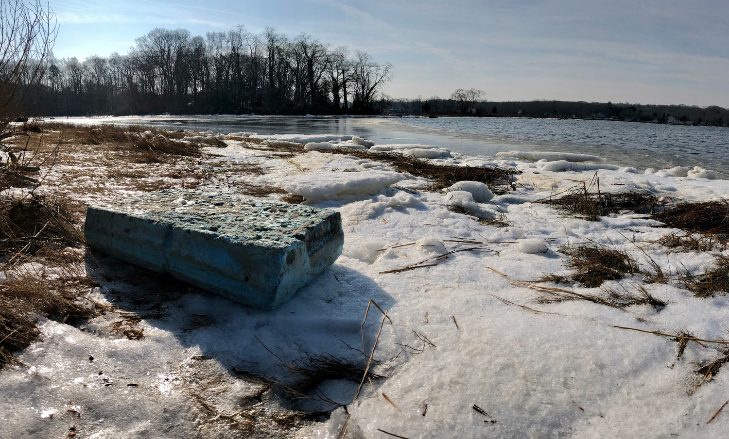 Fred Massie hopes Save The Bay and the state will help eradiate blue marine foam like this large piece, spotted washed up on the shore of the Touisset Marsh Wildlife Refuge in Warren Friday.
