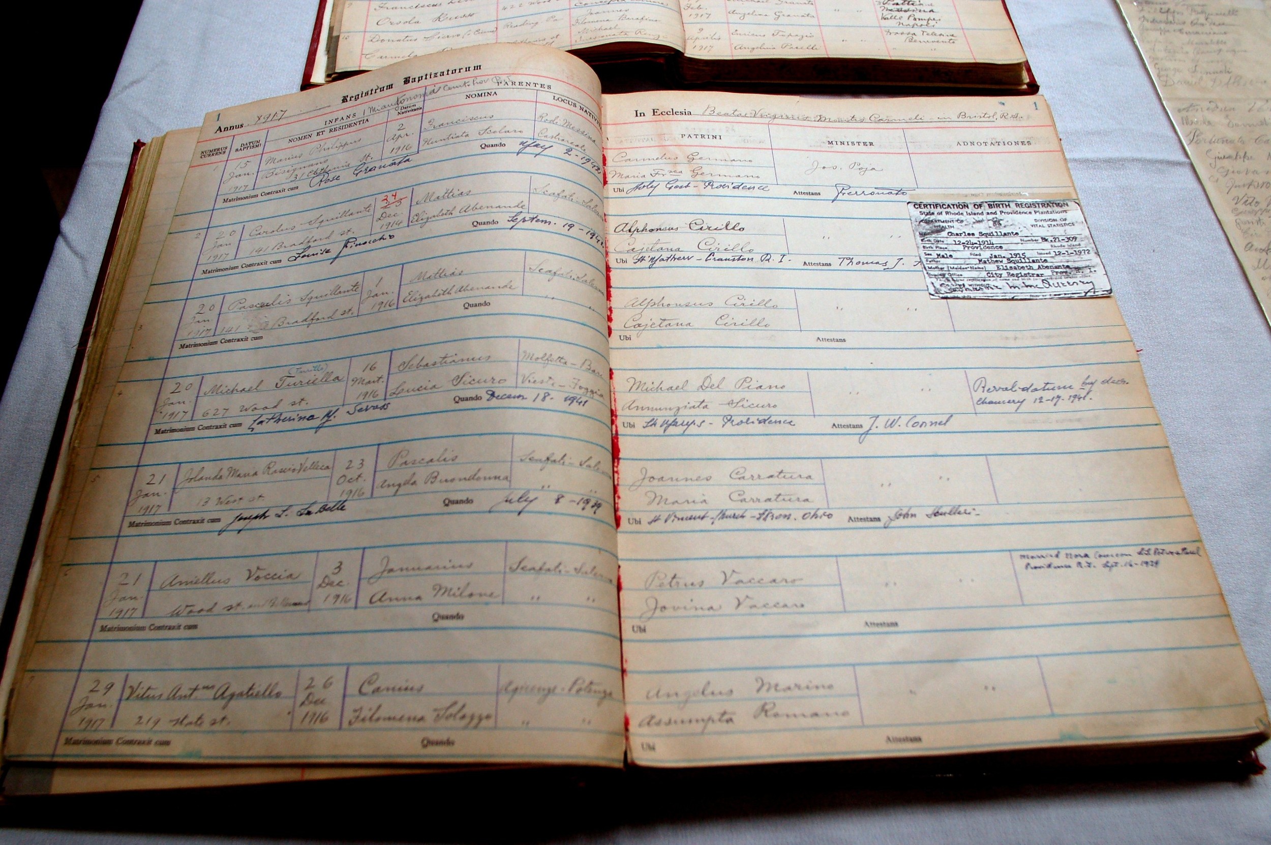 The original Baptismal register dating back 100 years when Our Lady of Mt. Carmel Church was founded.