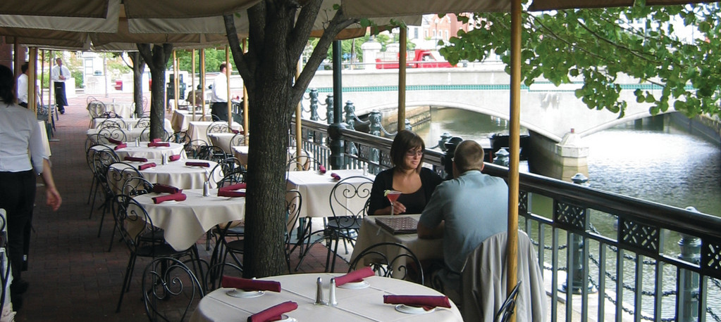 Cafe NuovoWorld-class contemporary American cuisine served on the Providence Riverwalk. Enjoy generous cocktails, heavenly entrees, appetizers and desserts while the river rolls by at one of many outdoor tables. 1 Citizens Plaza, Providence. 421-2525