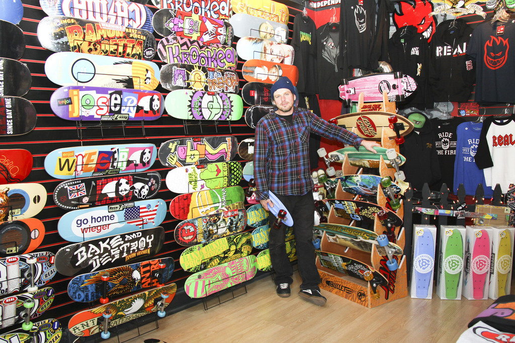 Skateboarder Donnie Patchin at his shop, FlipSide, in Bristol