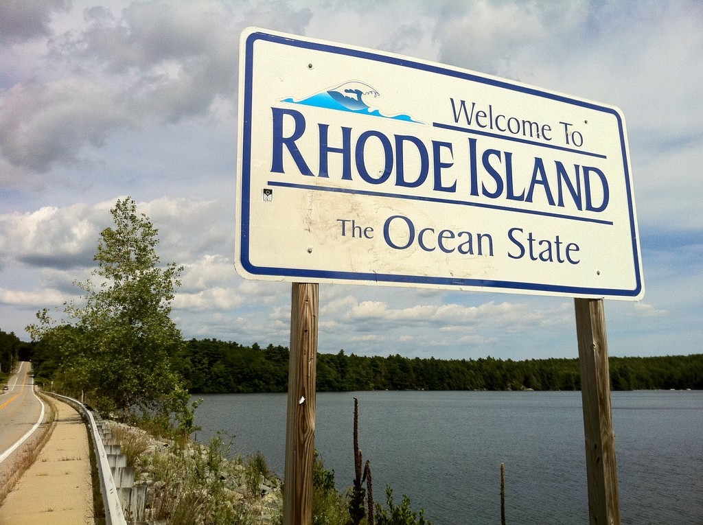 Pachaug Trail - "Welcome to Rhode Island sign" at Beach Pond, Hope Valley, RI